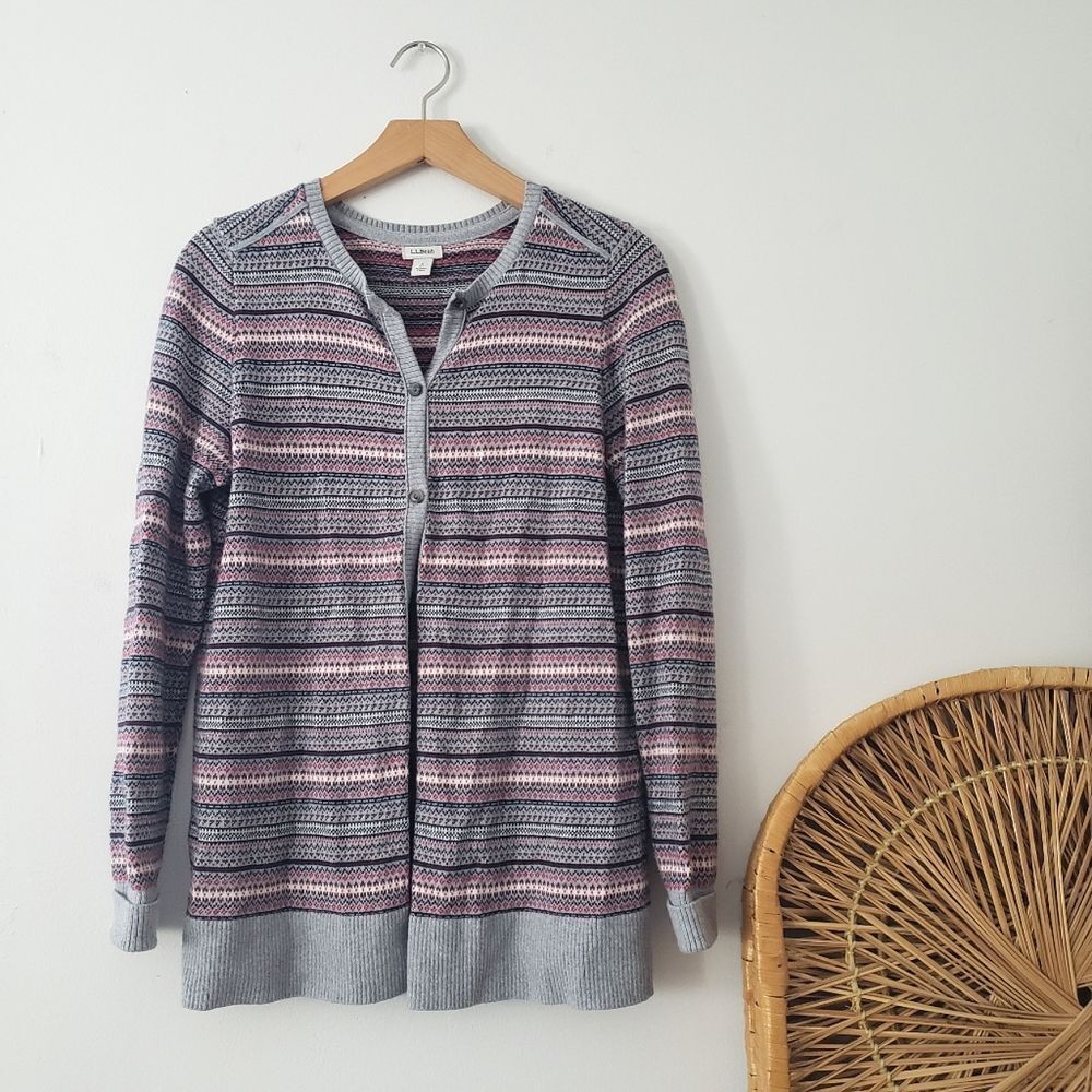 L.L. Bean Cotton Cashmere Blend Fair Isle Cardigan Gray Black Pink White S